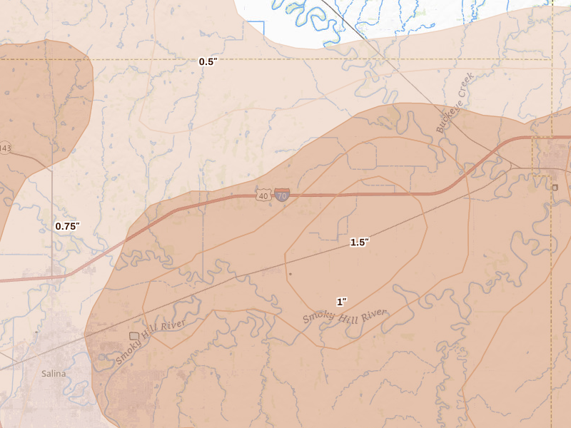 Radar-estimated hail-size map of the storm over New Cambria, KS on Jun 8, 2026