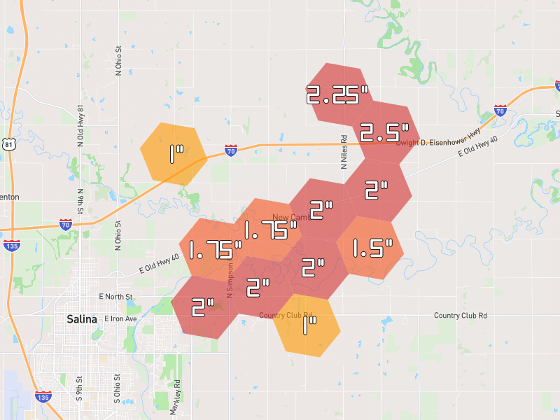 Hail map of New Cambria, KS on Jun 9, 2026, hail up to 2.5"