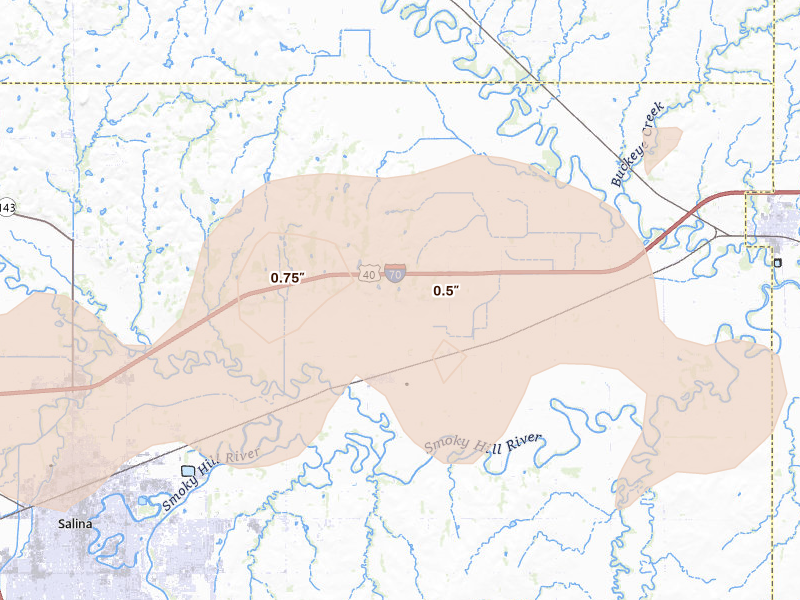 Radar-estimated hail-size map of the storm over New Cambria, KS on Jul 23, 2026