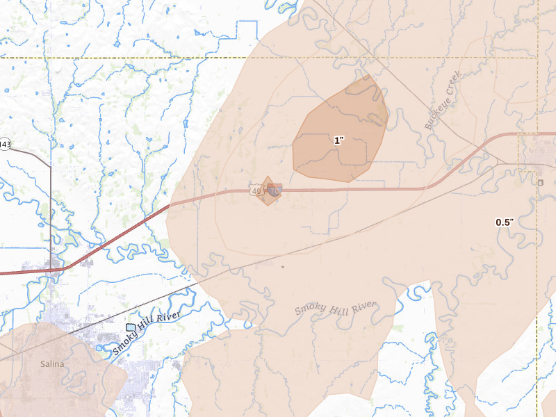Radar-estimated hail-size map of the storm over New Cambria, KS on Aug 13, 2026