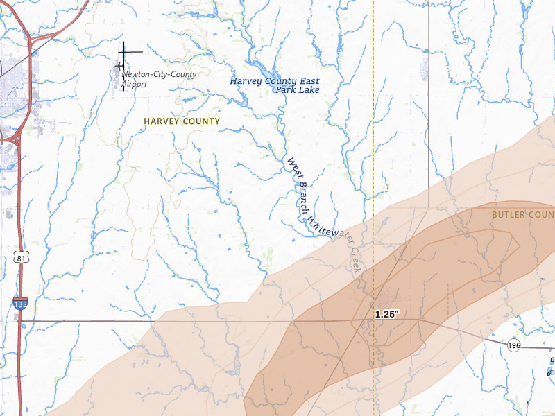Radar-estimated hail-size map of the storm over Newton, KS on Apr 17, 2026