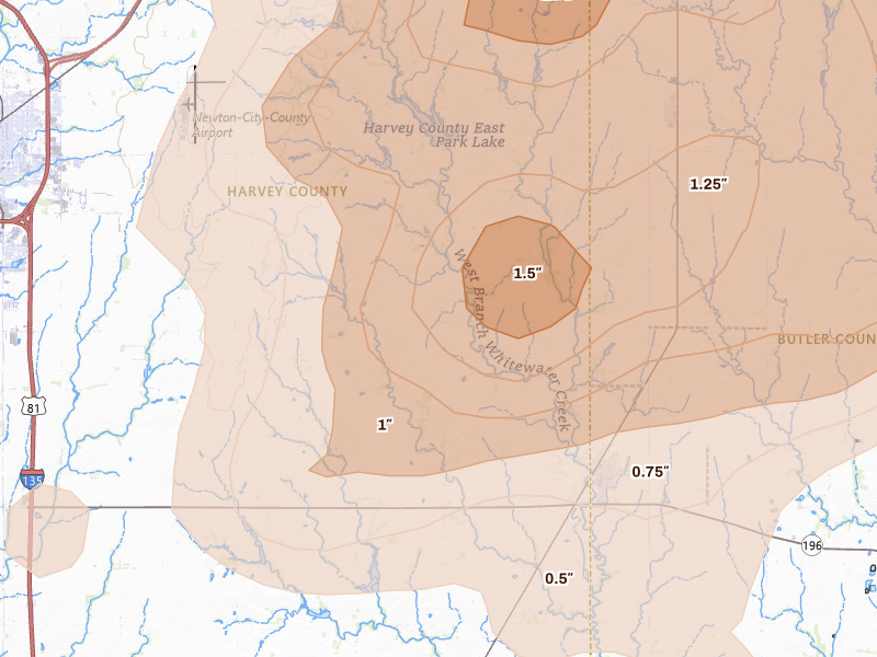 Radar-estimated hail-size map of the storm over Newton, KS on Apr 23, 2026