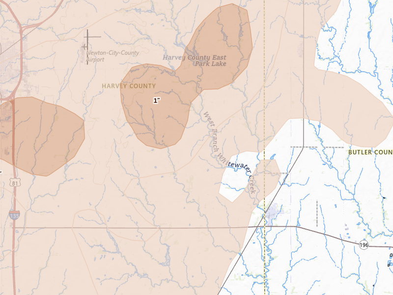 Radar-estimated hail-size map of the storm over Newton, KS on May 18, 2026