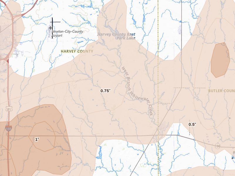 Radar-estimated hail-size map of the storm over Newton, KS on May 30, 2026