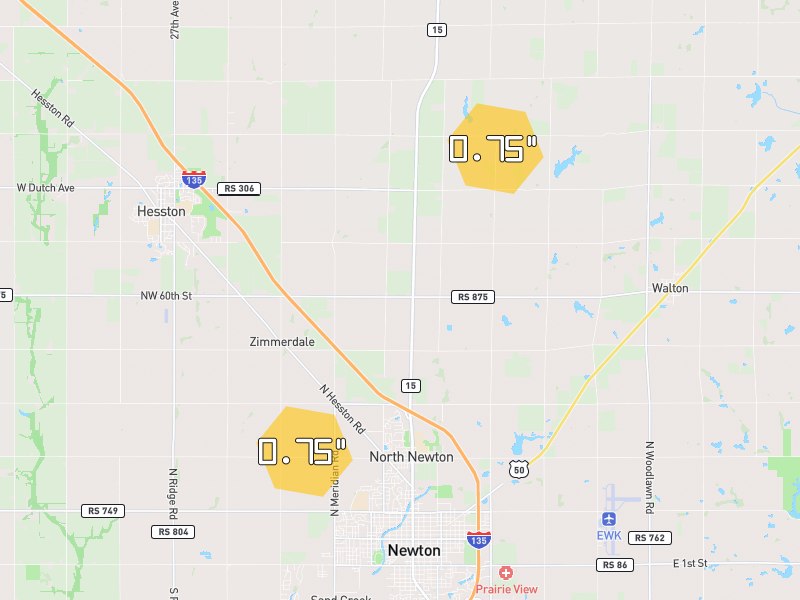 Hail map of Newton, KS on Jun 9, 2026, hail up to 0.75"