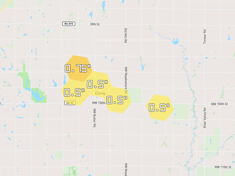 Hail map of Newton, KS on Jun 26, 2026, hail up to 0.75"