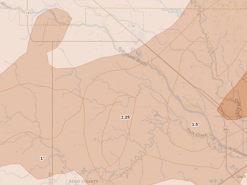 Radar-estimated hail-size map of the storm over Nickerson, KS on May 18, 2026