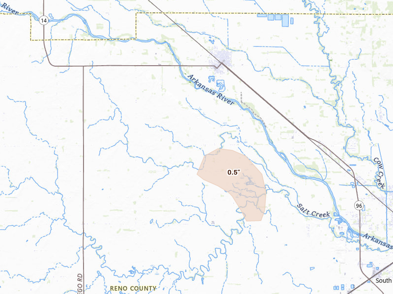 Radar-estimated hail-size map of the storm over Nickerson, KS on Jun 25, 2026