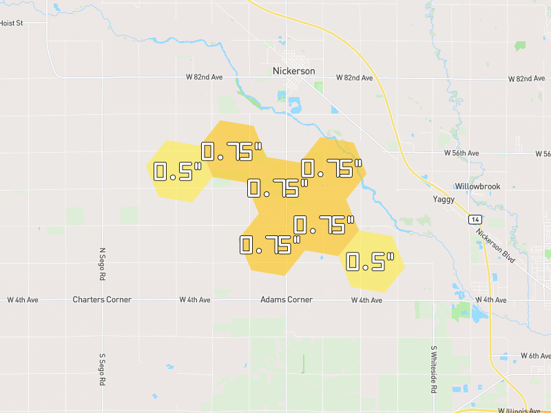 Hail map of Nickerson, KS on Jun 26, 2026, hail up to 0.75"
