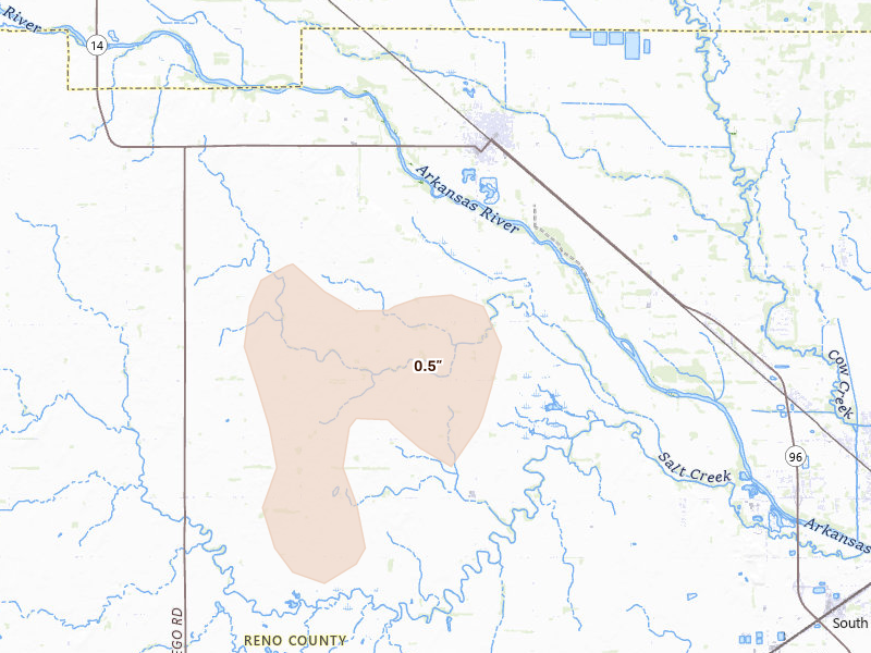 Radar-estimated hail-size map of the storm over Nickerson, KS on Aug 21, 2026