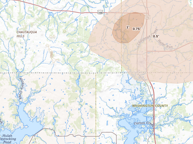 Radar-estimated hail-size map of the storm over Niotaze, KS on Jun 26, 2026