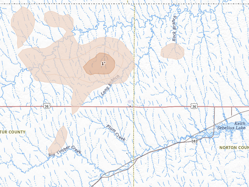 Radar-estimated hail-size map of the storm over Norcatur, KS on Jun 24, 2026