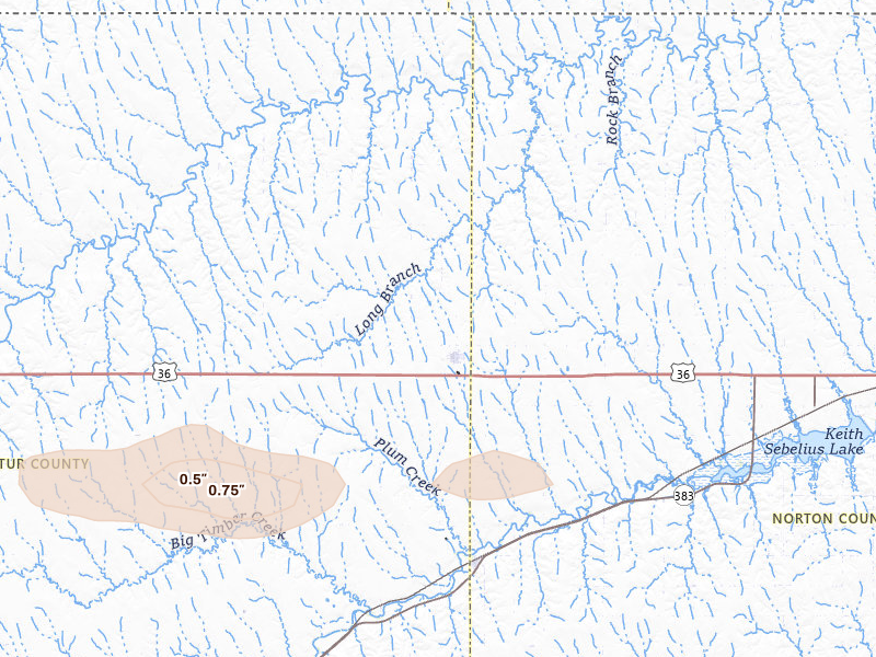 Radar-estimated hail-size map of the storm over Norcatur, KS on Jul 3, 2026