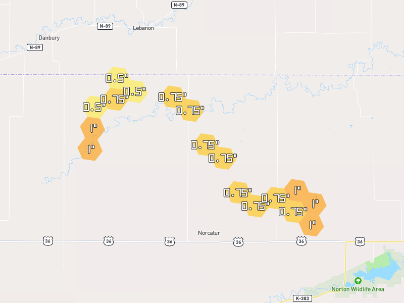 Hail map of Norcatur, KS on Jul 3, 2026, hail up to 1"