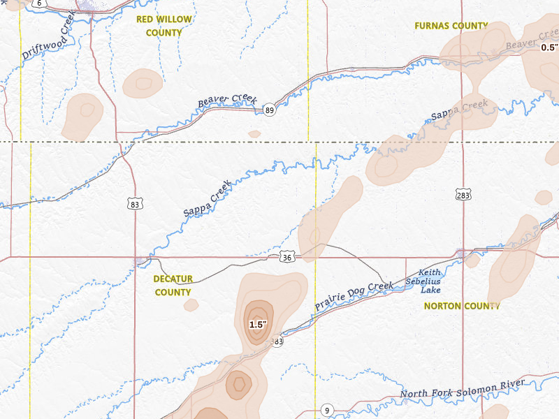 Radar-estimated hail-size map of the storm over Norcatur, KS on Aug 13, 2026