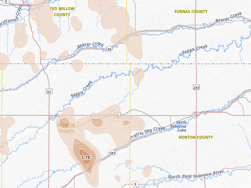 Radar-estimated hail-size map of the storm over Norcatur, KS on Aug 27, 2026