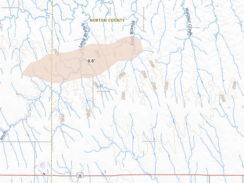 Radar-estimated hail-size map of the storm over Norcatur, KS on Aug 28, 2026