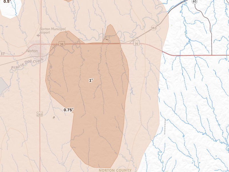 Radar-estimated hail-size map of the storm over Norton, KS on May 30, 2026