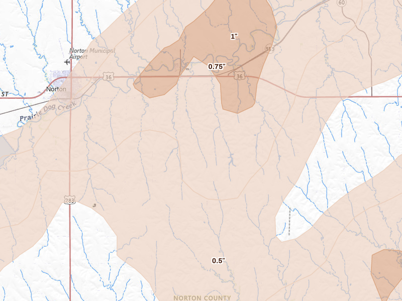 Radar-estimated hail-size map of the storm over Norton, KS on Jun 9, 2026