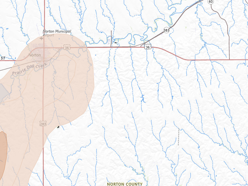 Radar-estimated hail-size map of the storm over Norton, KS on Jul 1, 2026