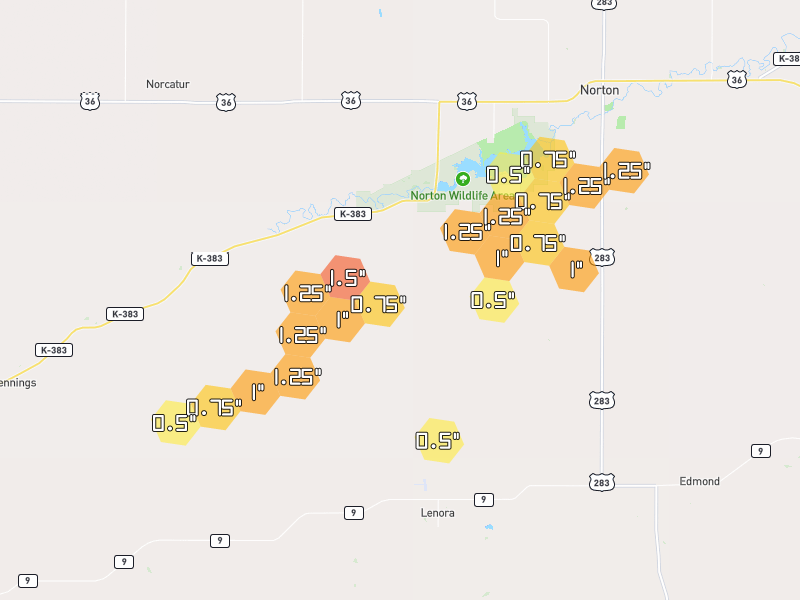 Hail map of Norton, KS on Jul 2, 2026, hail up to 1.5"