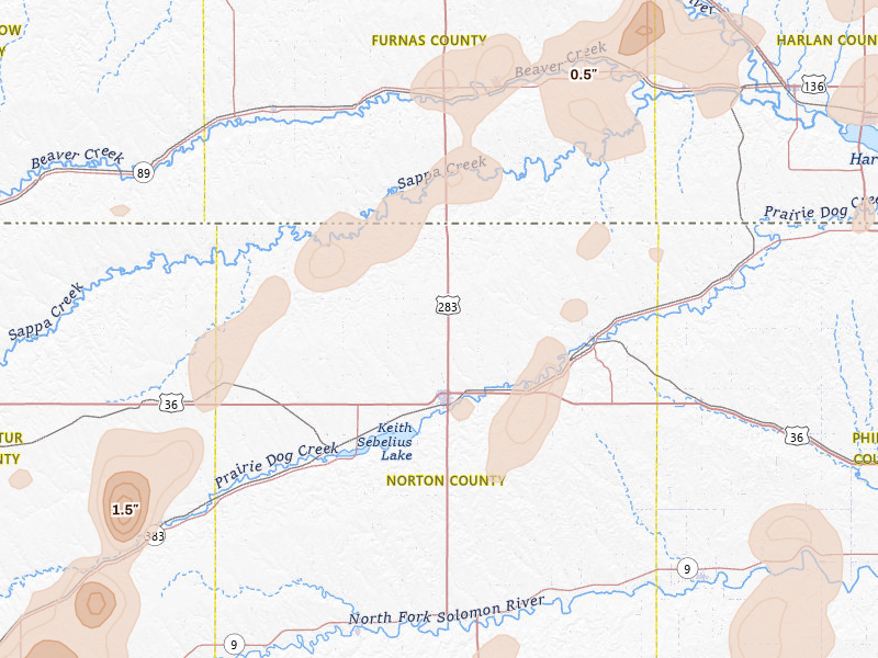 Radar-estimated hail-size map of the storm over Norton, KS on Aug 13, 2026