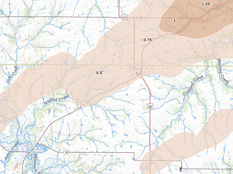 Radar-estimated hail-size map of the storm over Nortonville, KS on Apr 17, 2026