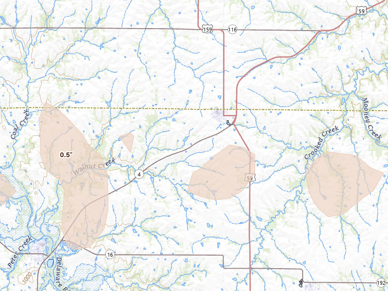 Radar-estimated hail-size map of the storm over Nortonville, KS on May 18, 2026