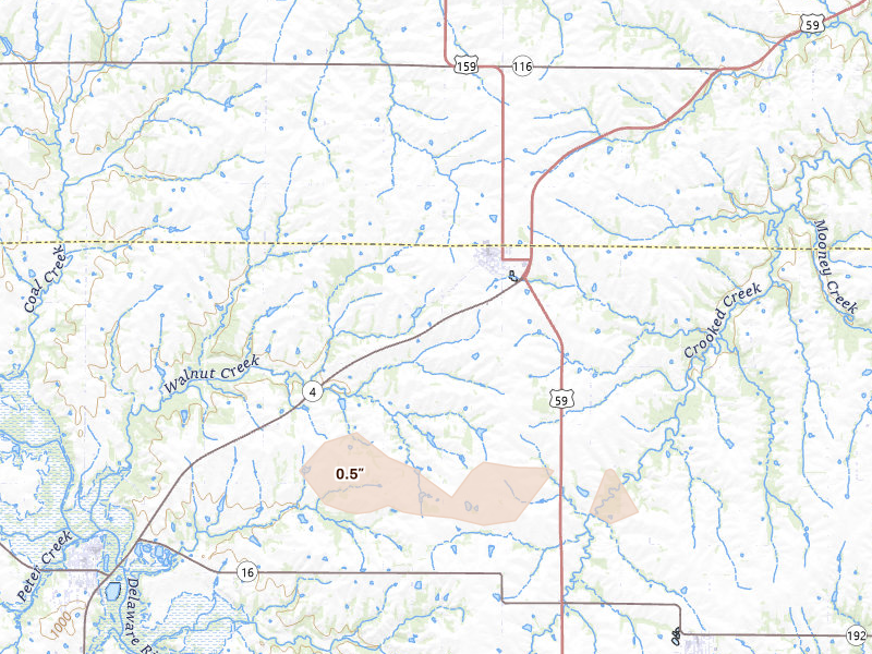Radar-estimated hail-size map of the storm over Nortonville, KS on Aug 5, 2026