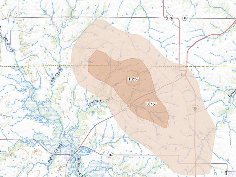 Radar-estimated hail-size map of the storm over Nortonville, KS on Aug 21, 2026