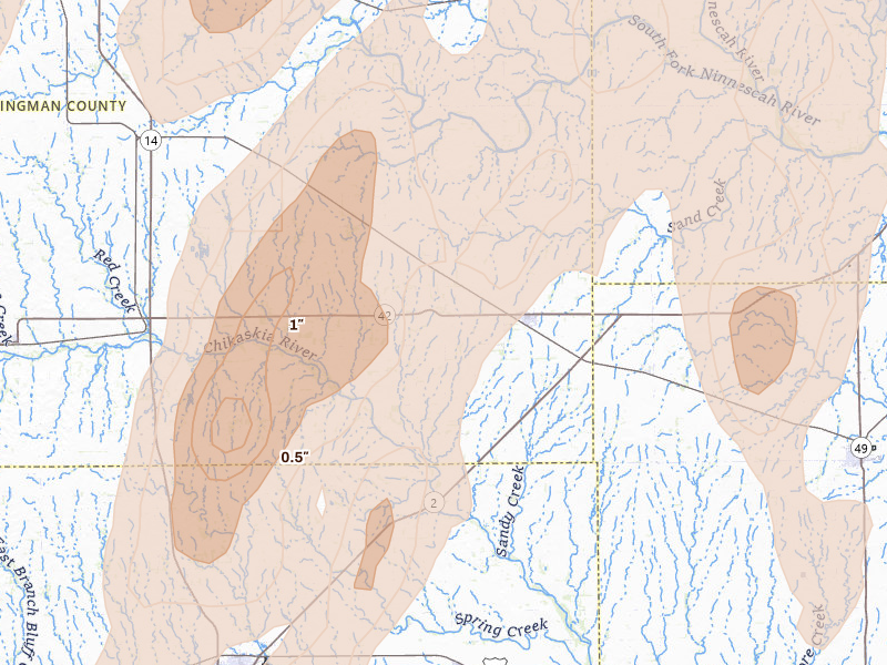 Radar-estimated hail-size map of the storm over Norwich, KS on May 30, 2026