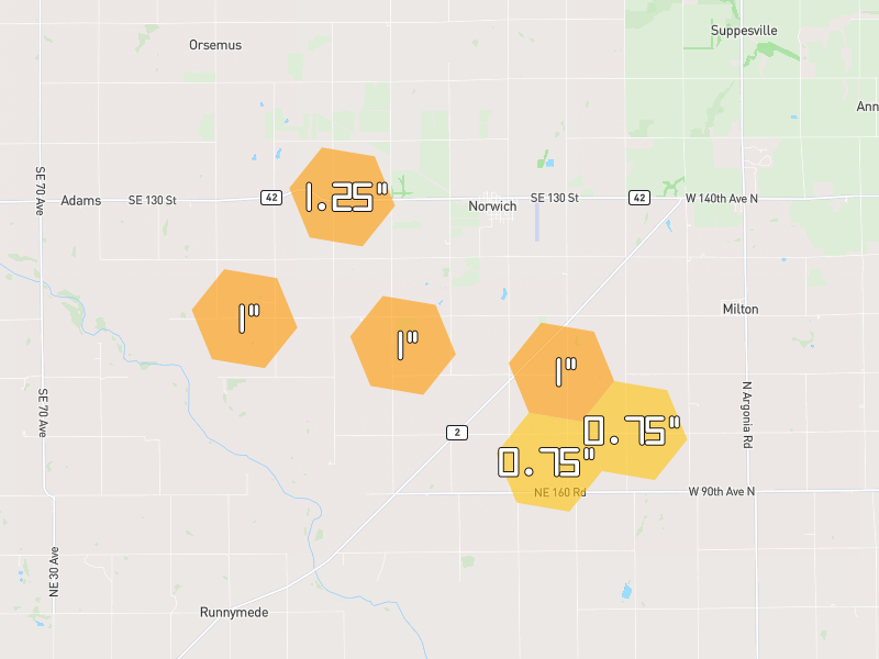 Hail map of Norwich, KS on Jun 26, 2026, hail up to 1.25"