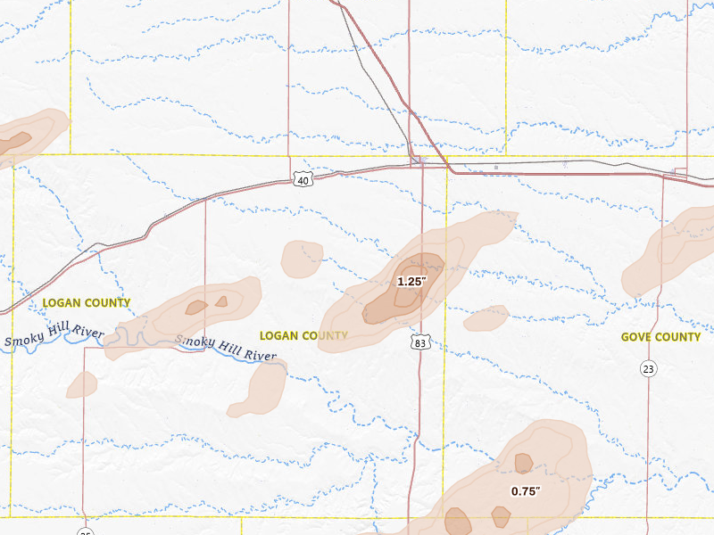 Radar-estimated hail-size map of the storm over Oakley, KS on Jun 12, 2026