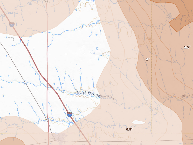 Radar-estimated hail-size map of the storm over Oakley, KS on Jun 20, 2026