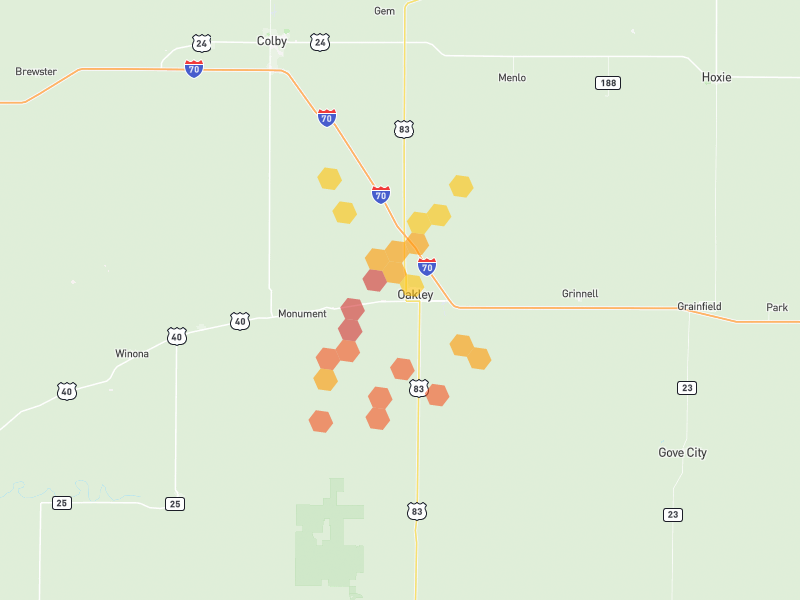 Hail map of Oakley, KS on Jul 1, 2026, hail up to 2.25"