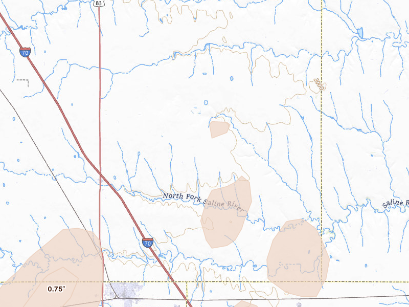 Radar-estimated hail-size map of the storm over Oakley, KS on Jul 3, 2026