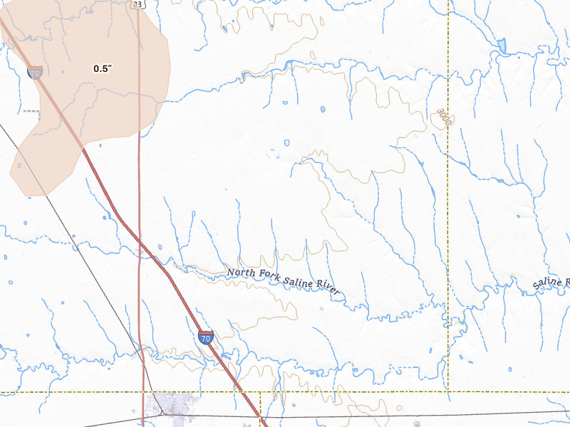 Radar-estimated hail-size map of the storm over Oakley, KS on Jul 9, 2026