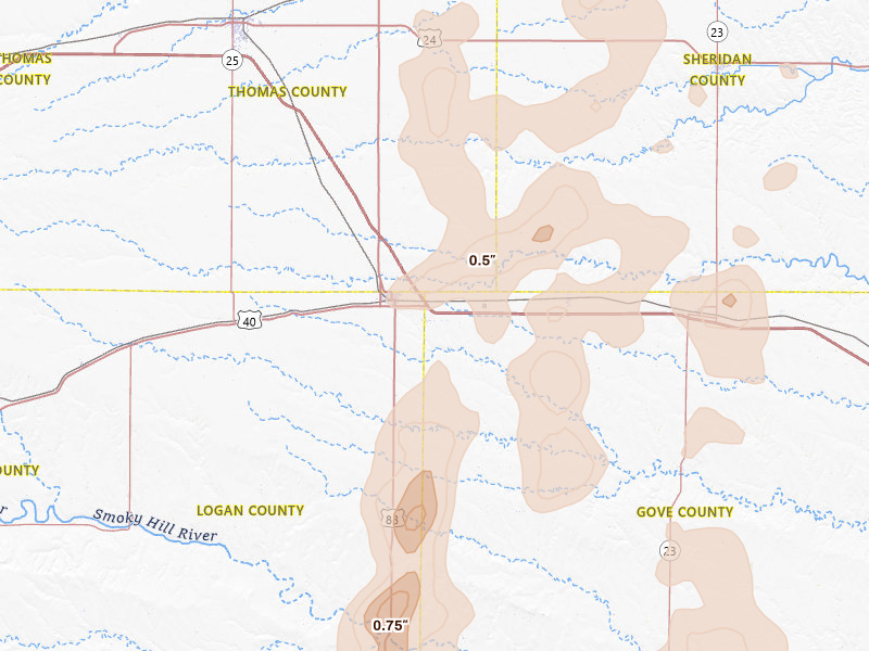 Radar-estimated hail-size map of the storm over Oakley, KS on Aug 13, 2026
