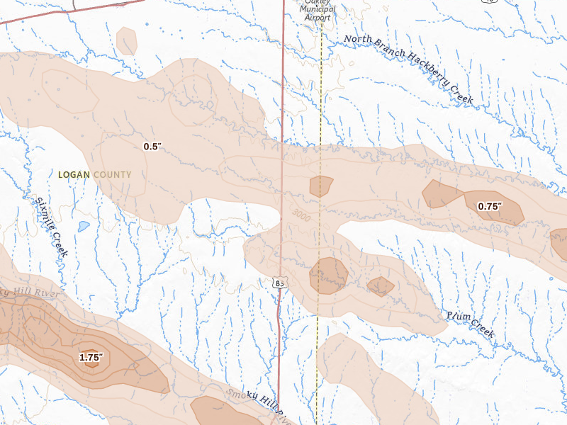 Radar-estimated hail-size map of the storm over Oakley, KS on Aug 19, 2026