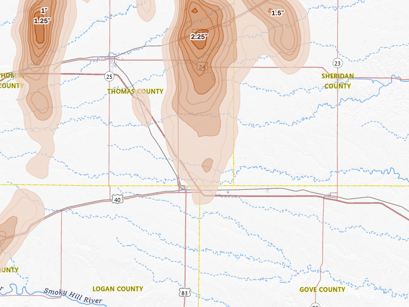 Radar-estimated hail-size map of the storm over Oakley, KS on Aug 20, 2026