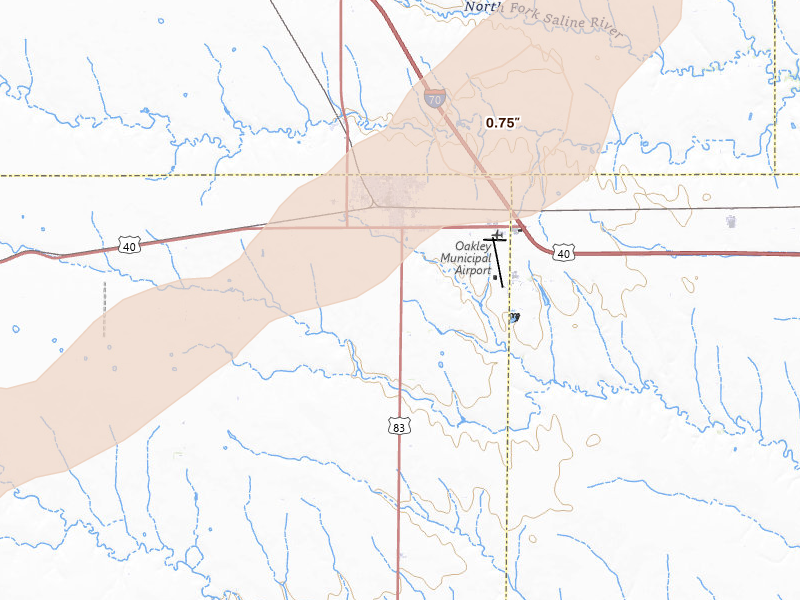 Radar-estimated hail-size map of the storm over Oakley, KS on Aug 30, 2026