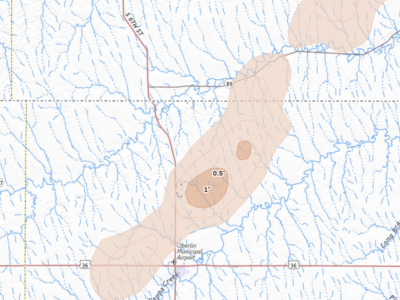 Radar-estimated hail-size map of the storm over Oberlin, KS on May 16, 2026