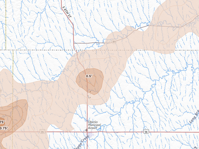 Radar-estimated hail-size map of the storm over Oberlin, KS on May 29, 2026