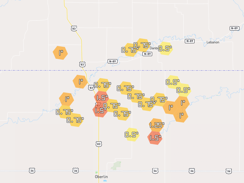 Hail map of Oberlin, KS on Jul 3, 2026, hail up to 1.5"