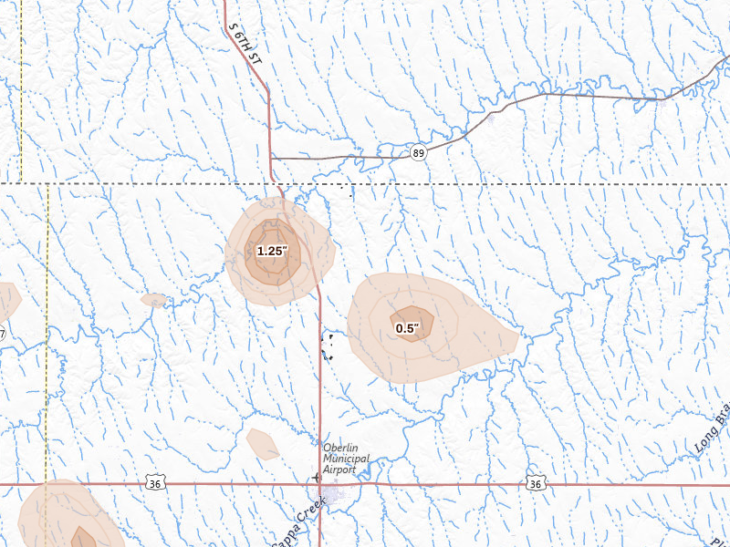 Radar-estimated hail-size map of the storm over Oberlin, KS on Jul 8, 2026