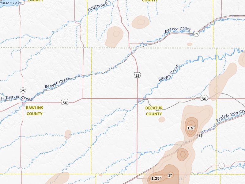 Radar-estimated hail-size map of the storm over Oberlin, KS on Aug 13, 2026