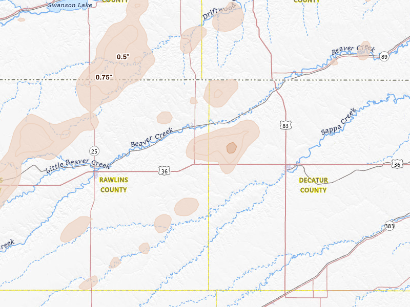 Radar-estimated hail-size map of the storm over Oberlin, KS on Aug 14, 2026