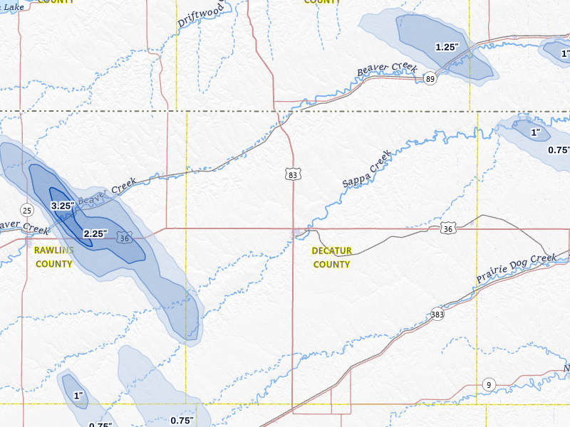 NEXRAD radar-signature map of the hail storm over Oberlin, KS on Aug 19, 2026