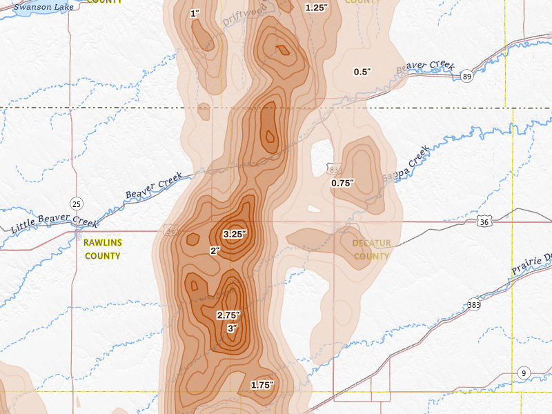 Radar-estimated hail-size map of the storm over Oberlin, KS on Aug 20, 2026