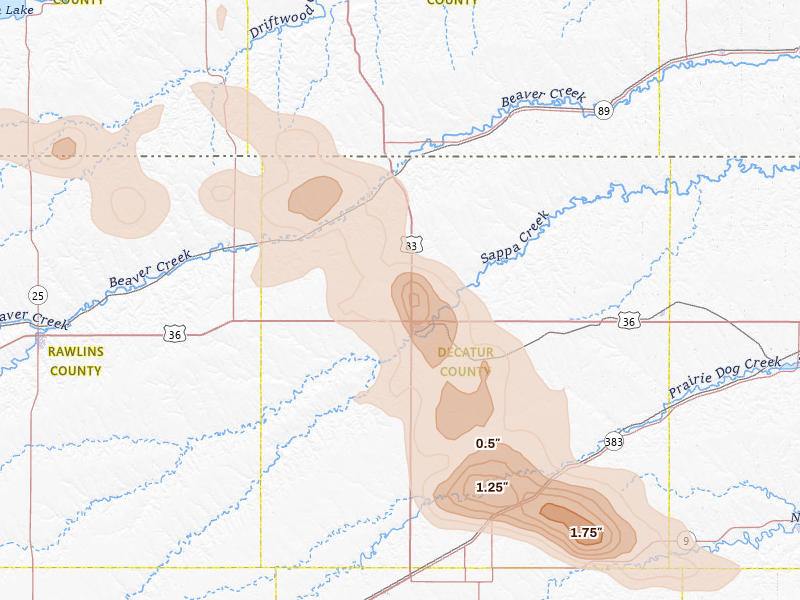 Radar-estimated hail-size map of the storm over Oberlin, KS on Aug 25, 2026